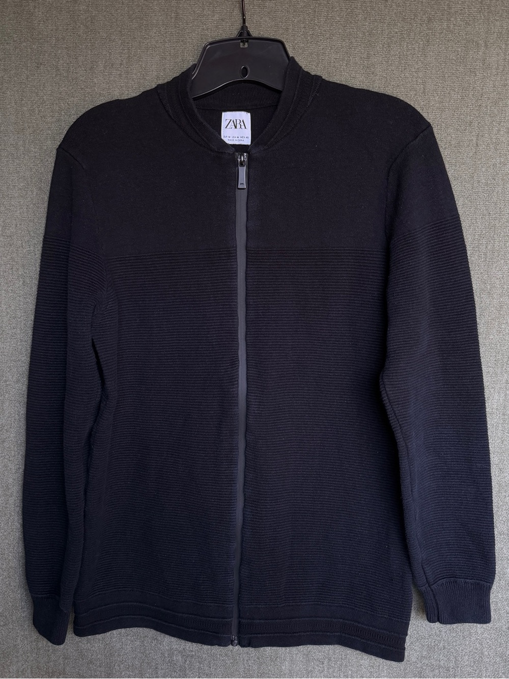 ZARA Men's Black Full-Zip Ribbed Knit Sweater Jacket